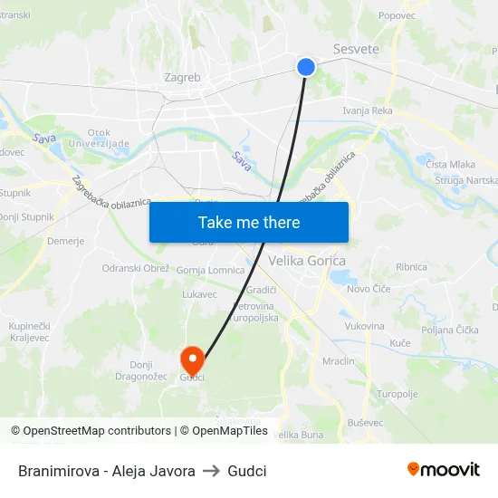 Branimirova - Aleja Javora to Gudci map