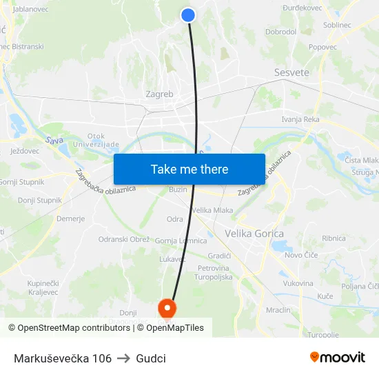 Markuševečka 106 to Gudci map