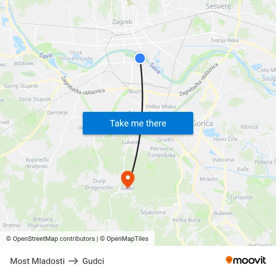 Most Mladosti to Gudci map