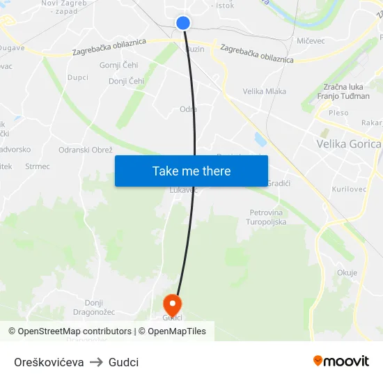 Oreškovićeva to Gudci map