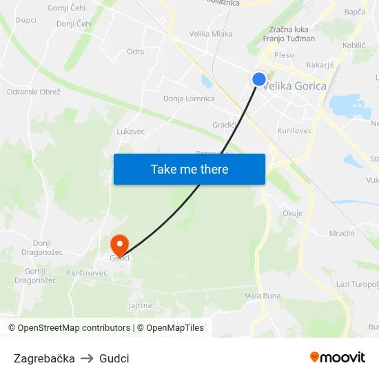 Zagrebačka to Gudci map