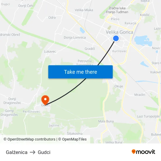 Galženica to Gudci map
