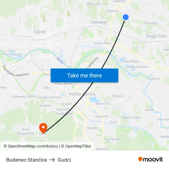 Budenec-Stančira to Gudci map