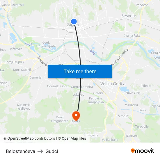 Belostenčeva to Gudci map