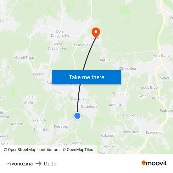 Prvonožina to Gudci map