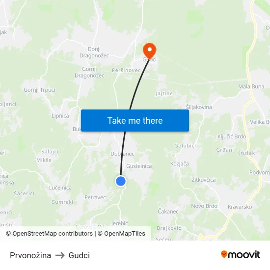 Prvonožina to Gudci map
