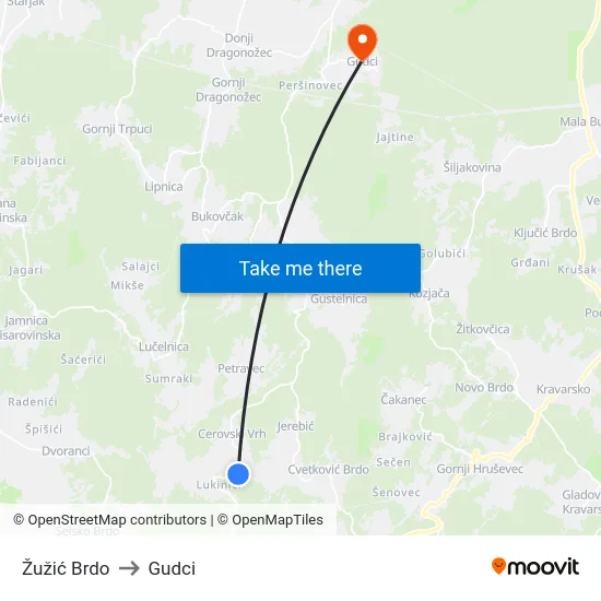 Žužić Brdo to Gudci map