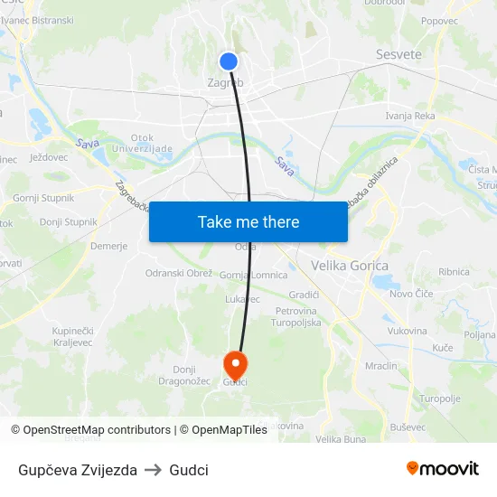 Gupčeva Zvijezda to Gudci map