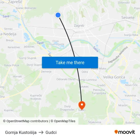 Gornja Kustošija to Gudci map