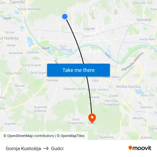 Gornja Kustošija to Gudci map