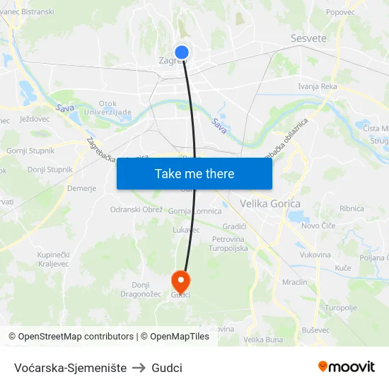 Voćarska-Sjemenište to Gudci map