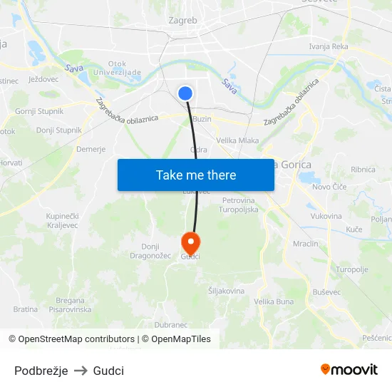 Podbrežje to Gudci map