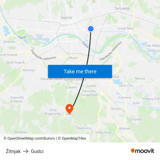 Žitnjak to Gudci map