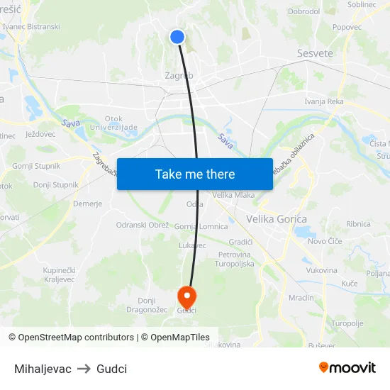 Mihaljevac to Gudci map