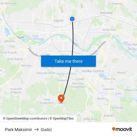 Park Maksimir to Gudci map