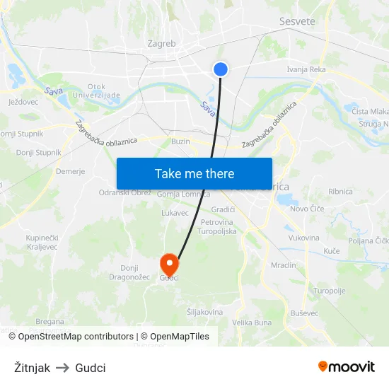 Žitnjak to Gudci map