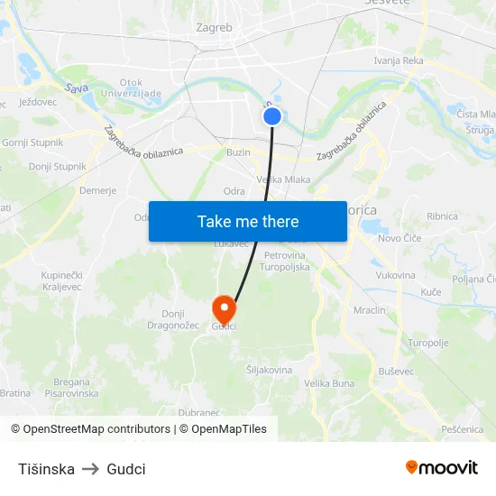 Tišinska to Gudci map