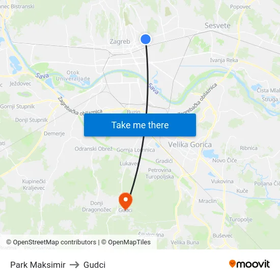 Park Maksimir to Gudci map
