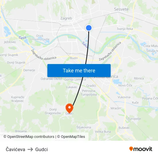 Čavićeva to Gudci map