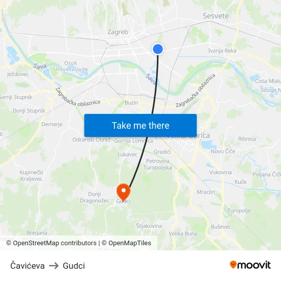 Čavićeva to Gudci map