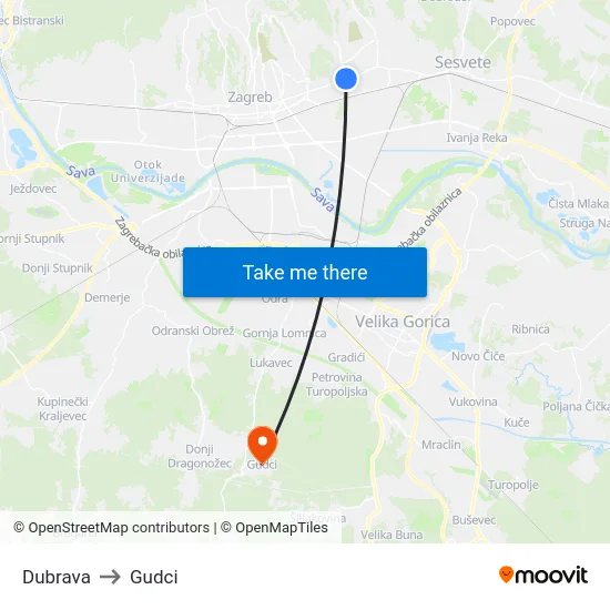 Dubrava to Gudci map