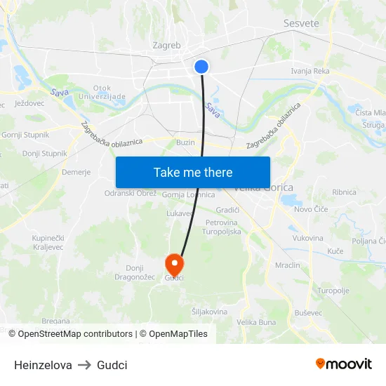 Heinzelova to Gudci map