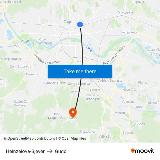 Heinzelova-Sjever to Gudci map
