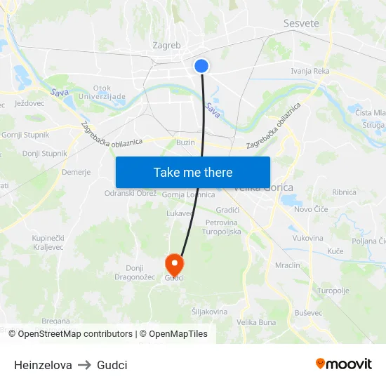 Heinzelova to Gudci map