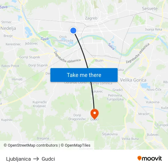 Ljubljanica to Gudci map