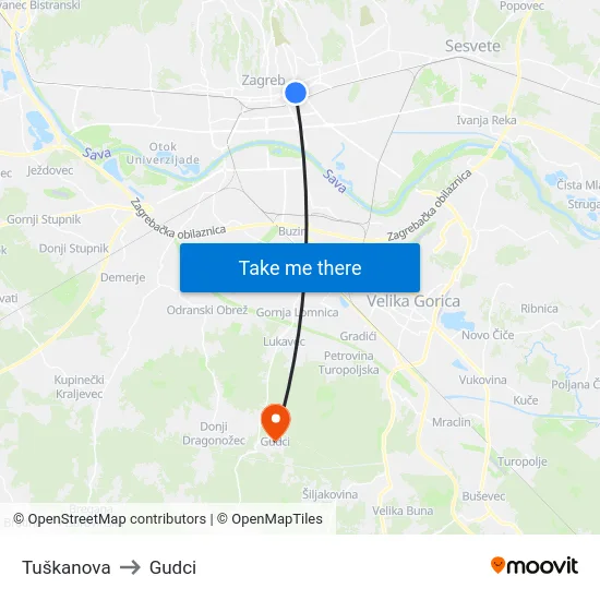 Tuškanova to Gudci map