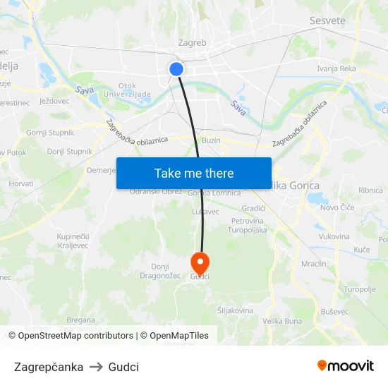 Zagrepčanka to Gudci map