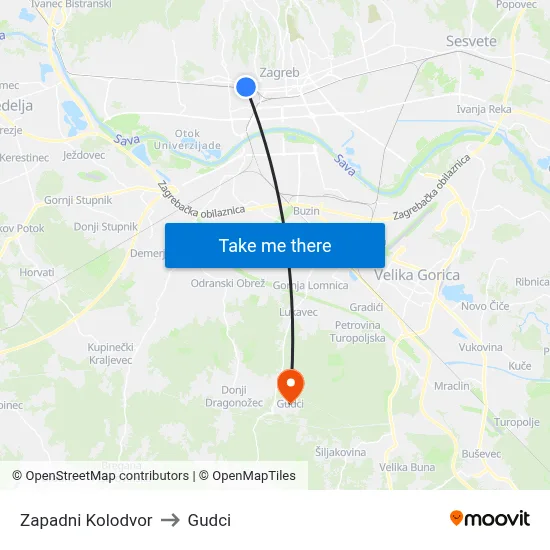 Zapadni Kolodvor to Gudci map