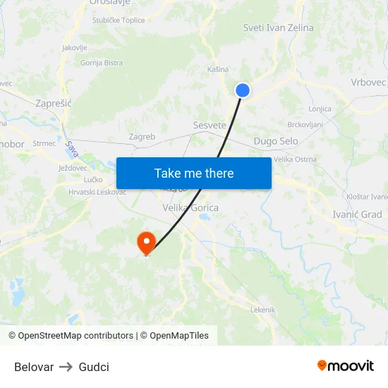 Belovar to Gudci map