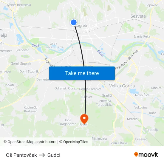 Oš Pantovčak to Gudci map