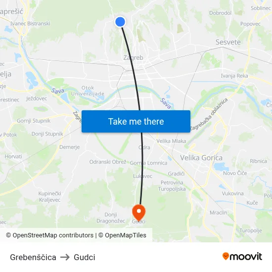 Grebenščica to Gudci map