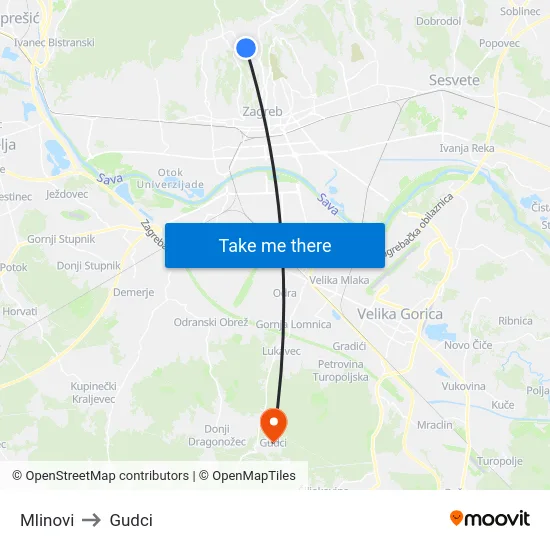 Mlinovi to Gudci map