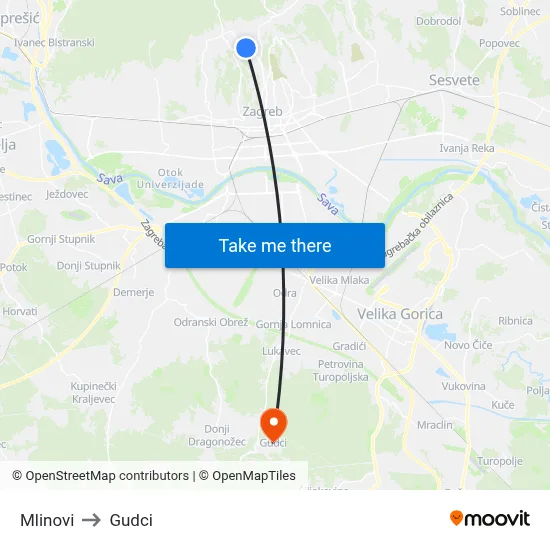 Mlinovi to Gudci map