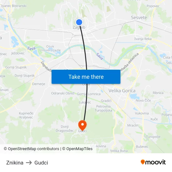 Znikina to Gudci map