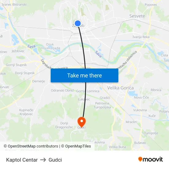 Kaptol Centar to Gudci map