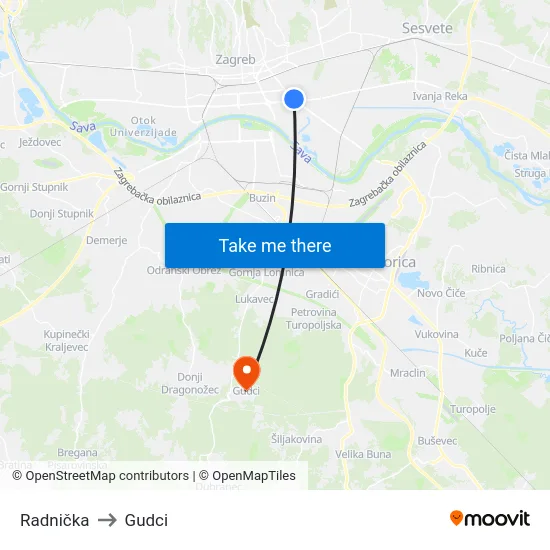 Radnička to Gudci map