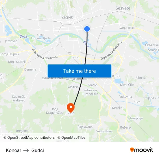 Končar to Gudci map