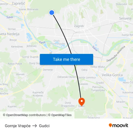 Gornje Vrapče to Gudci map