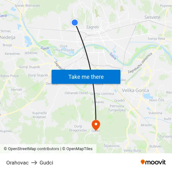 Orahovac to Gudci map
