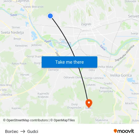 Borčec to Gudci map