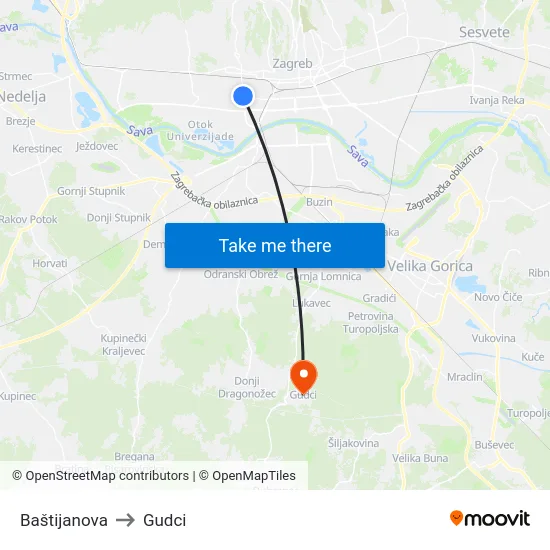 Baštijanova to Gudci map