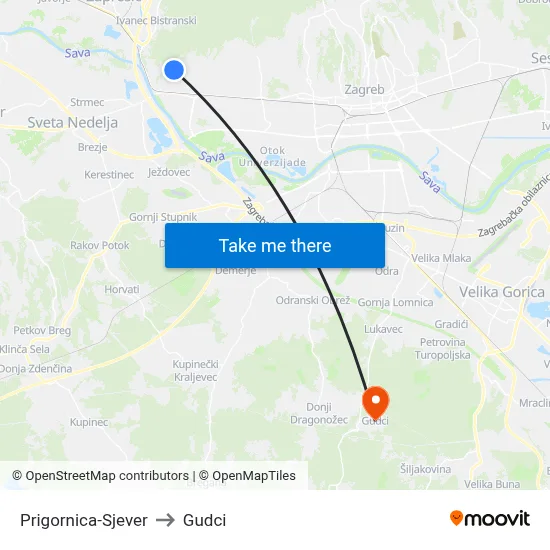 Prigornica-Sjever to Gudci map