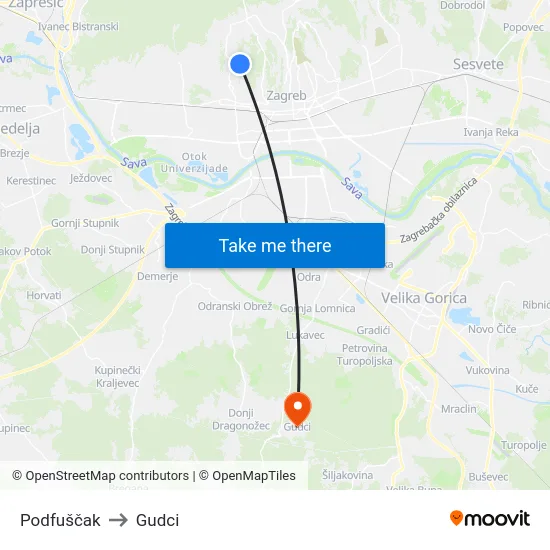 Podfuščak to Gudci map