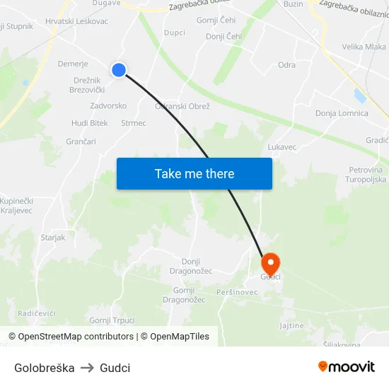 Golobreška to Gudci map