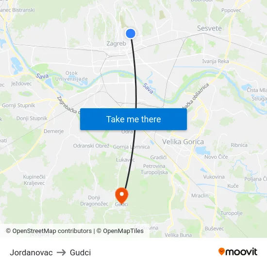 Jordanovac to Gudci map