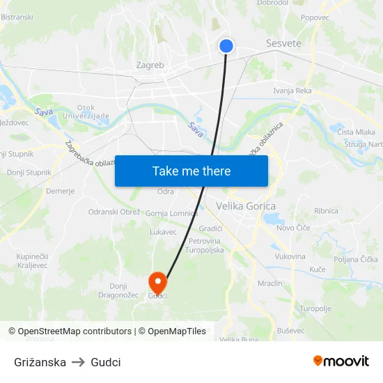 Grižanska to Gudci map